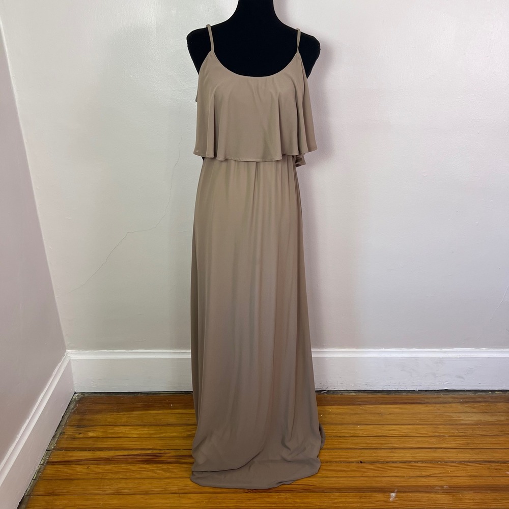 Show Me Your Mumu Maxi Dress Large Taupe Ruffle Boho Bridesmaid Wedding Guest